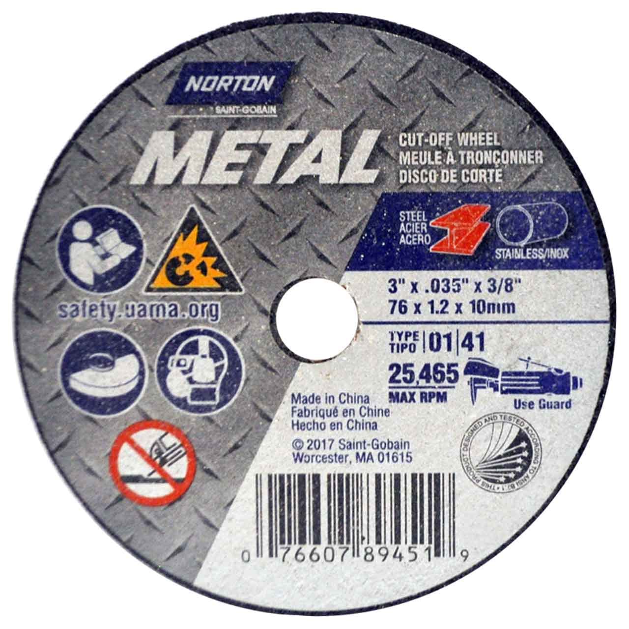 Norton 7660789451 3X.035x3/8 in. Metal AO Small Diameter Reinforced Cut-Off Wheels, Type 01/41, 60 Grit, 25 Pack