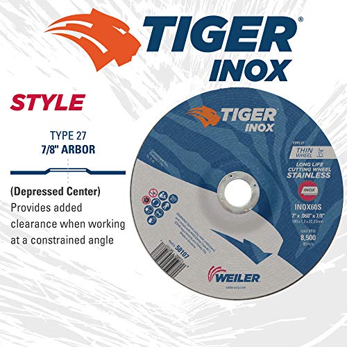 Weiler 58107, 7" x .060" x 7/8", Tiger INOX Type 27 Cut Off Wheel, INOX60S, (Pack of 25)