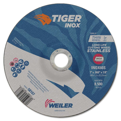 Weiler 58107, 7" x .060" x 7/8", Tiger INOX Type 27 Cut Off Wheel, INOX60S, (Pack of 25)