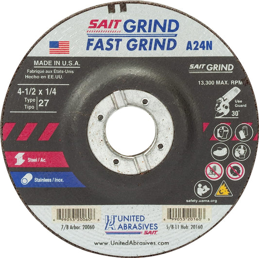 Sait 20060, 4.5" X 1/4" X 7/8" Fast Grinding Wheels, Pack of (25)