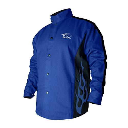 BSX Flame-Resistant Welding Jacket - Blue with Blue Flames, Size Medium