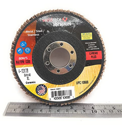 Weldcote 10668, Flap Discs, C-Prime Ceramic, XL, 4 1/2", 40 Grit, 7/8 Arbor, Pack of (10)