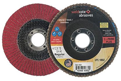 Weldcote 10668, Flap Discs, C-Prime Ceramic, XL, 4 1/2", 40 Grit, 7/8 Arbor, Pack of (10)