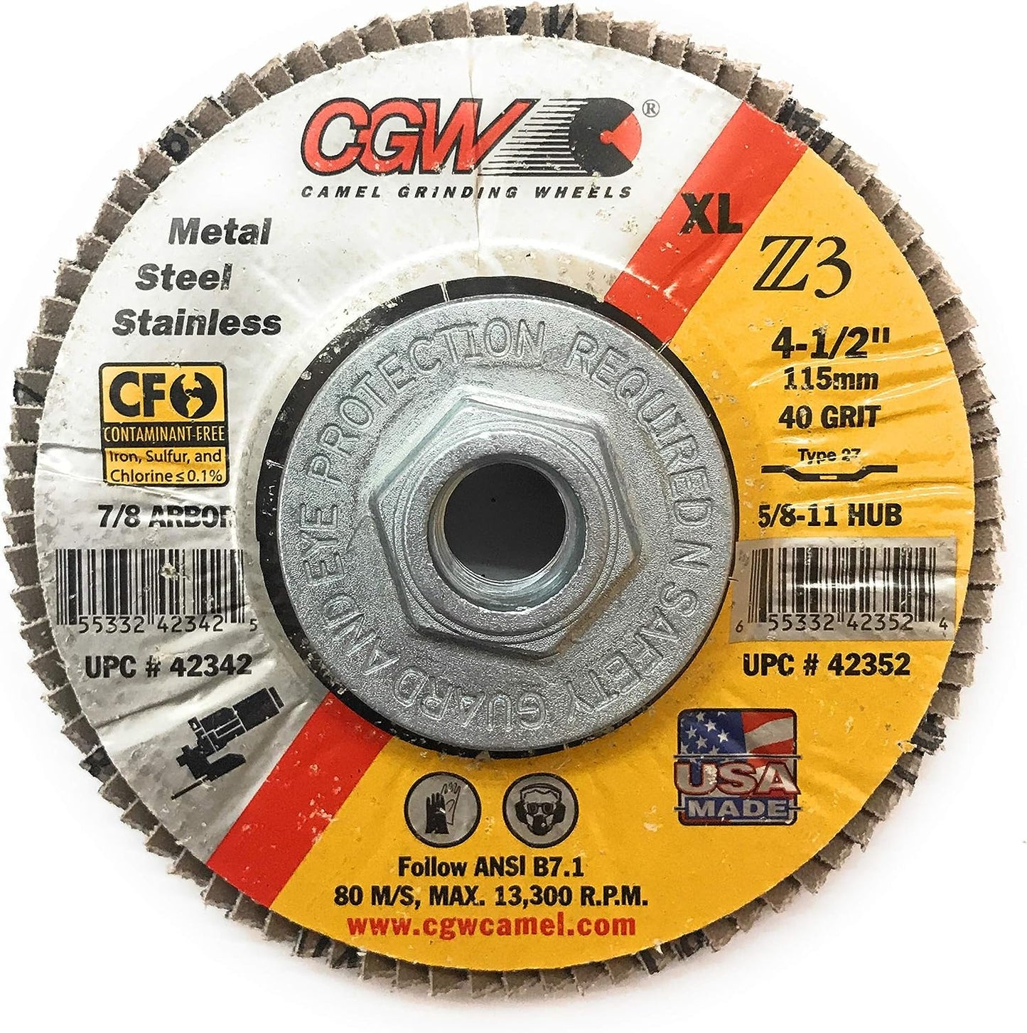 CGW Abrasive 42352 40 Grit Flap Disc, Z3 -100% Zirconia, XL - 4.5" x 5/8-11, Pack of (10)