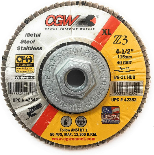 CGW Abrasive 42352 40 Grit Flap Disc, Z3 -100% Zirconia, XL - 4.5" x 5/8-11, Pack of (10)