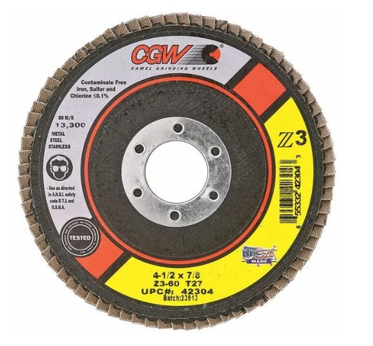 CGW Abrasive 42344, 4-1/2 x 7/8" x 60 Grit Flap Discs, Pack of  (10)