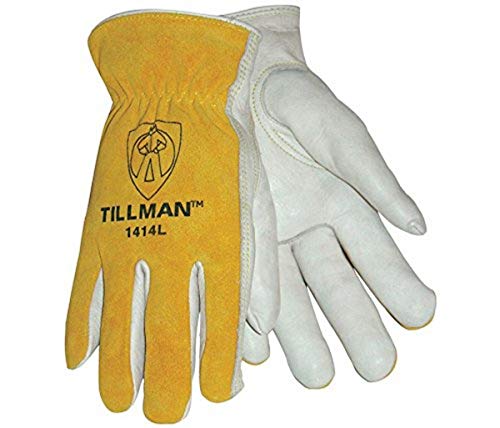 Tillman 1414L, Unlined Cowhide Leather Drivers Glove, Cowhide Leather, Large, White/Yellow (12 Pairs)