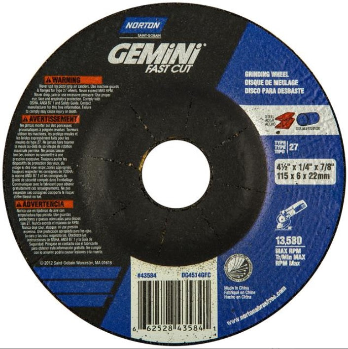 Norton 43584, 4.5" Grinding Wheel, Gemini Fast Cut, Pack of (25)