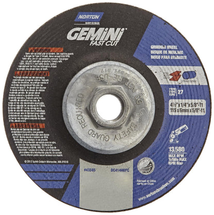 Norton 43585, Gemini Grinding Wheel, T27, 4-1/2" Diameter x 1/4" Thick x 5/8"-11 Hub (Pack of 10)