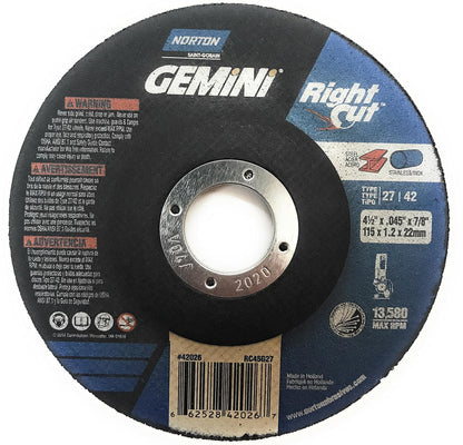 Norton 42026, Gemini Cut Off Wheel 4.5" X 7/8" Arbor, .045, Pack of (25)