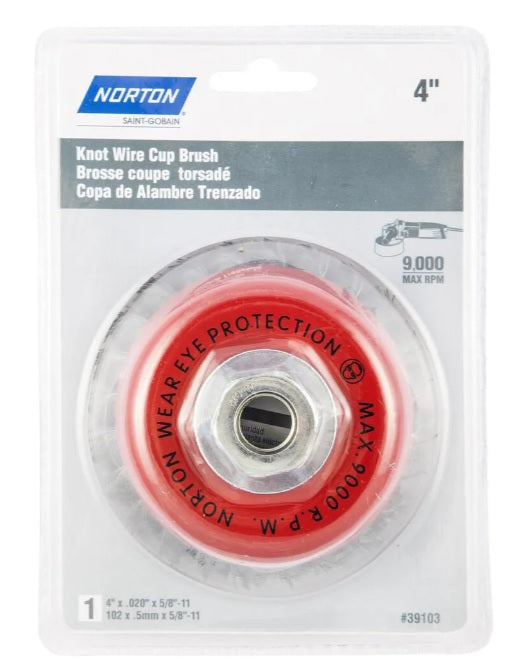 Norton 39103, Carbon Steel 4" Knot Wire Cup Brush, 5/8-11 Threaded Arbor Mount, Pack of (1)