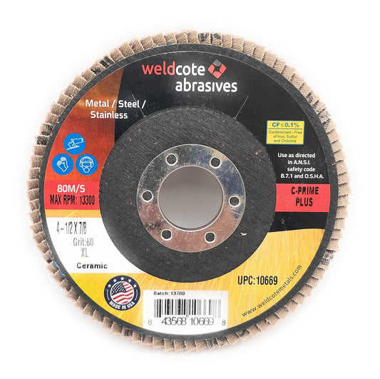 Weldcote 10669, Flap Discs, C-Prime Ceramic, XL, 4 1/2", 60 Grit, 7/8 Arbor, Pack of (10)