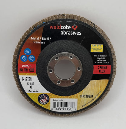 Weldcote 10670, Flap Discs, C-Prime Ceramic, XL, 4 1/2", 80 Grit, 7/8 Arbor, Pack of (10)